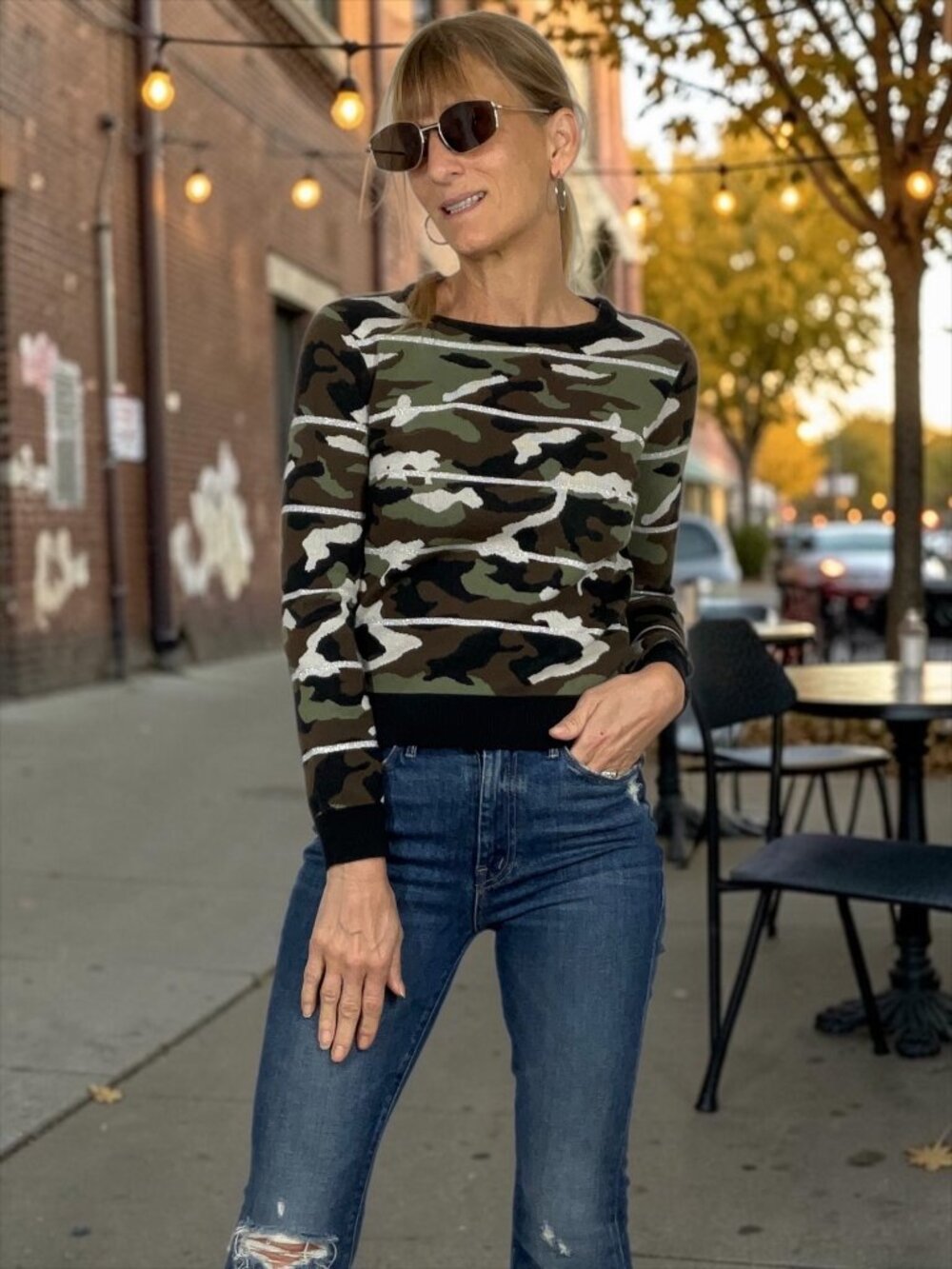 Veronica Beard Alpha Striped Metallic Camo Jacquard Sweater XS Green